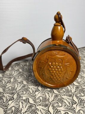 1970s Vintage Carved Wooden Wine Flask with Grape Motif - Sommelier